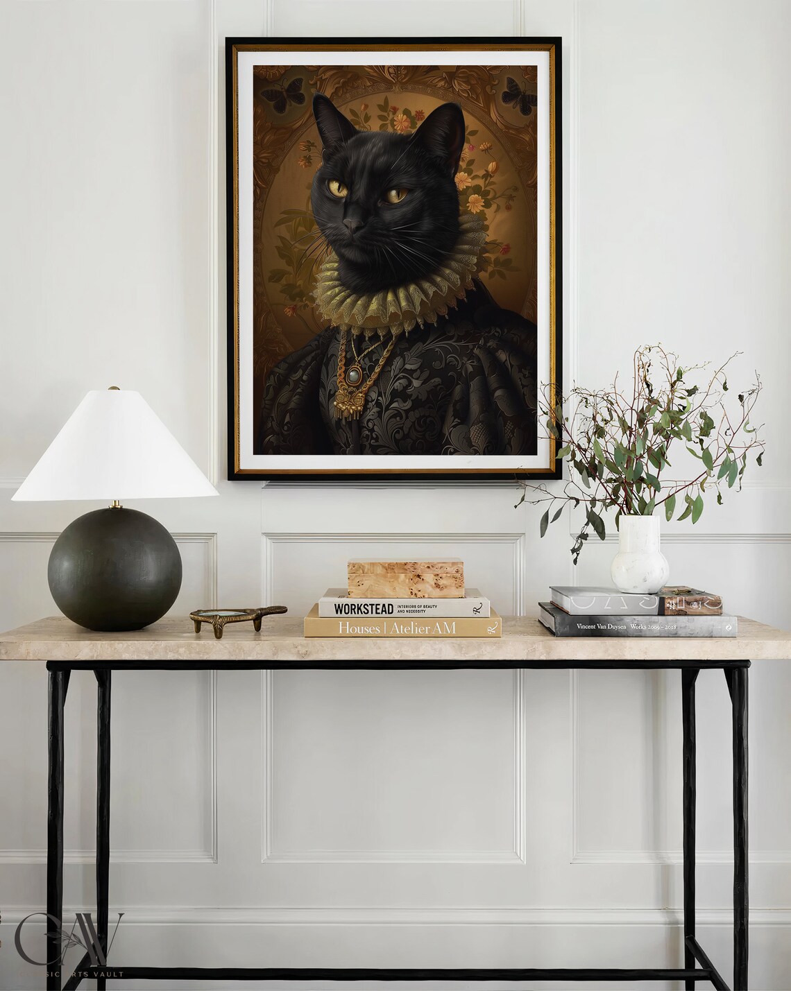 Black Cat in Brocade Gown with Ruff Collar and Gold Pendant Necklace Poster - Image 4