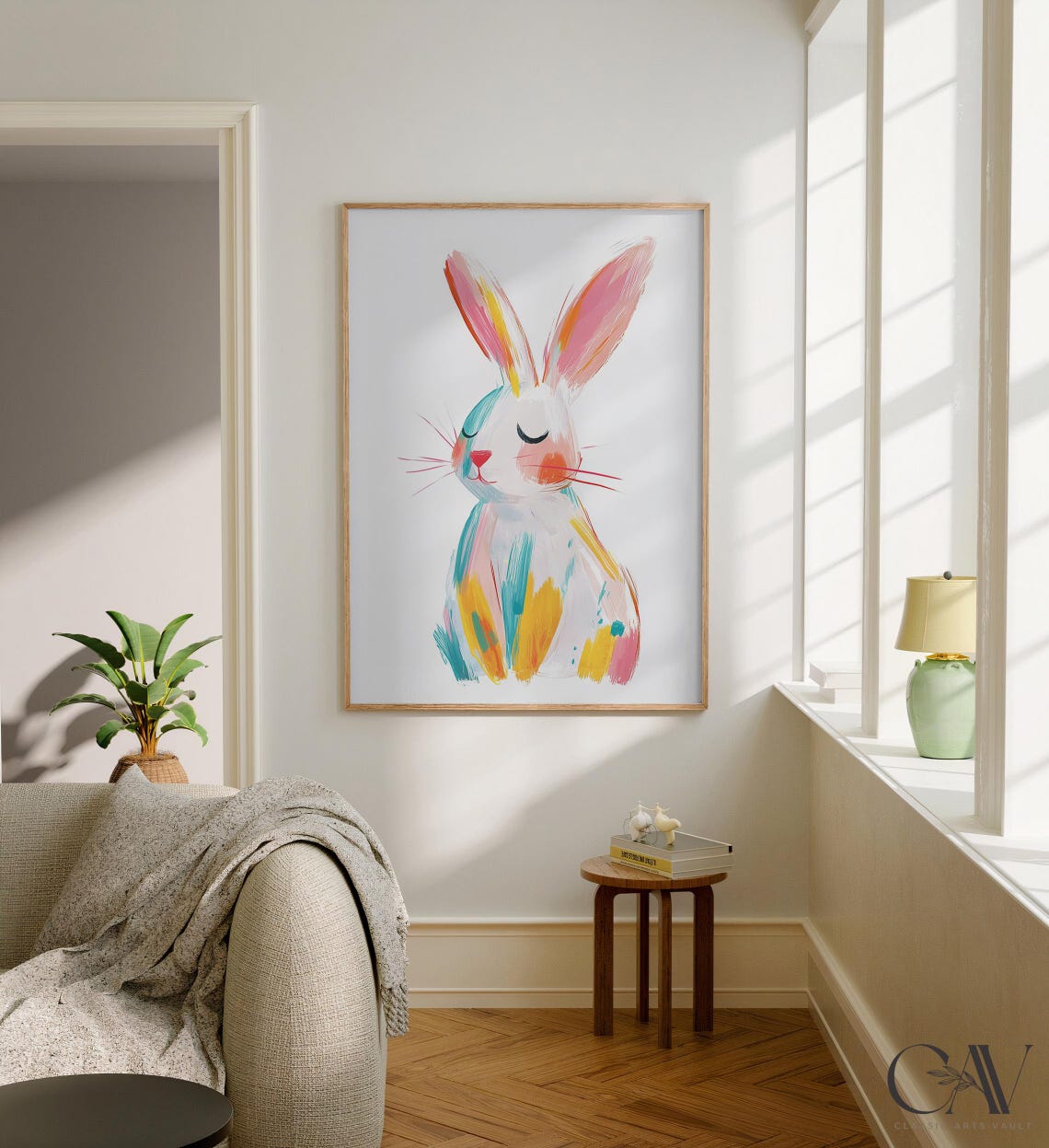 White Bunny Pastel Watercolor Sleeping Rabbit Nursery Wall Art - Image 2