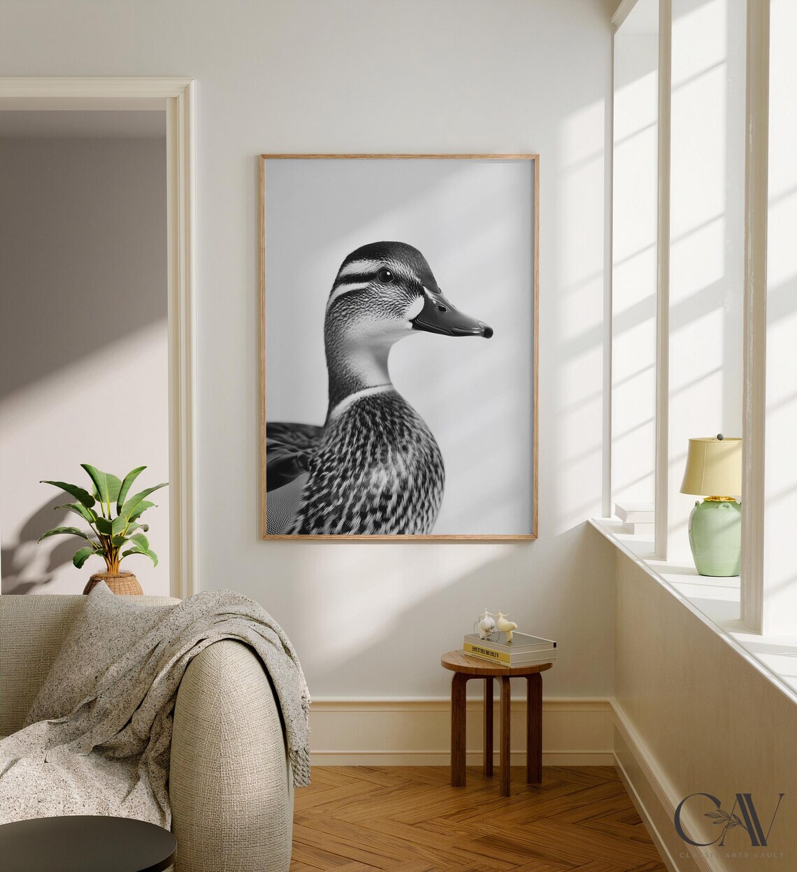 Mallard Duck Black and White Portrait Animal Photography Wall Art - Image 2