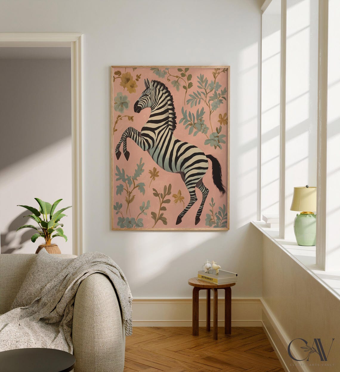 Leaping Zebra Blush Pink Botanical Chinoiserie Wallpaper Poster - Image 3