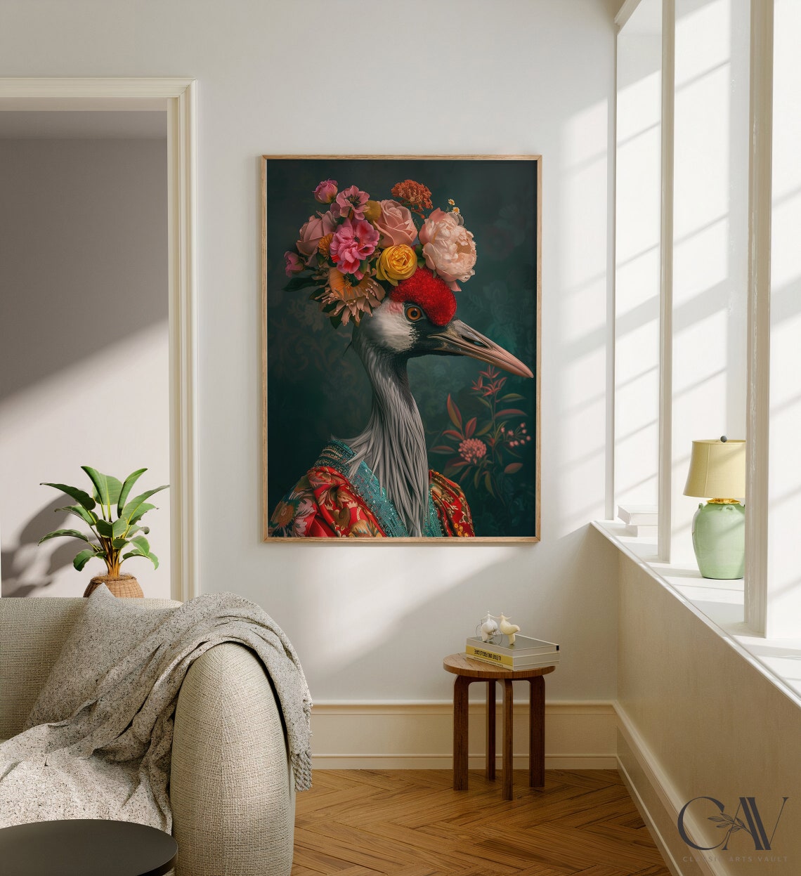 Red Crowned Crane with Flower Crown in Red Floral Robe Art Print - Image 3