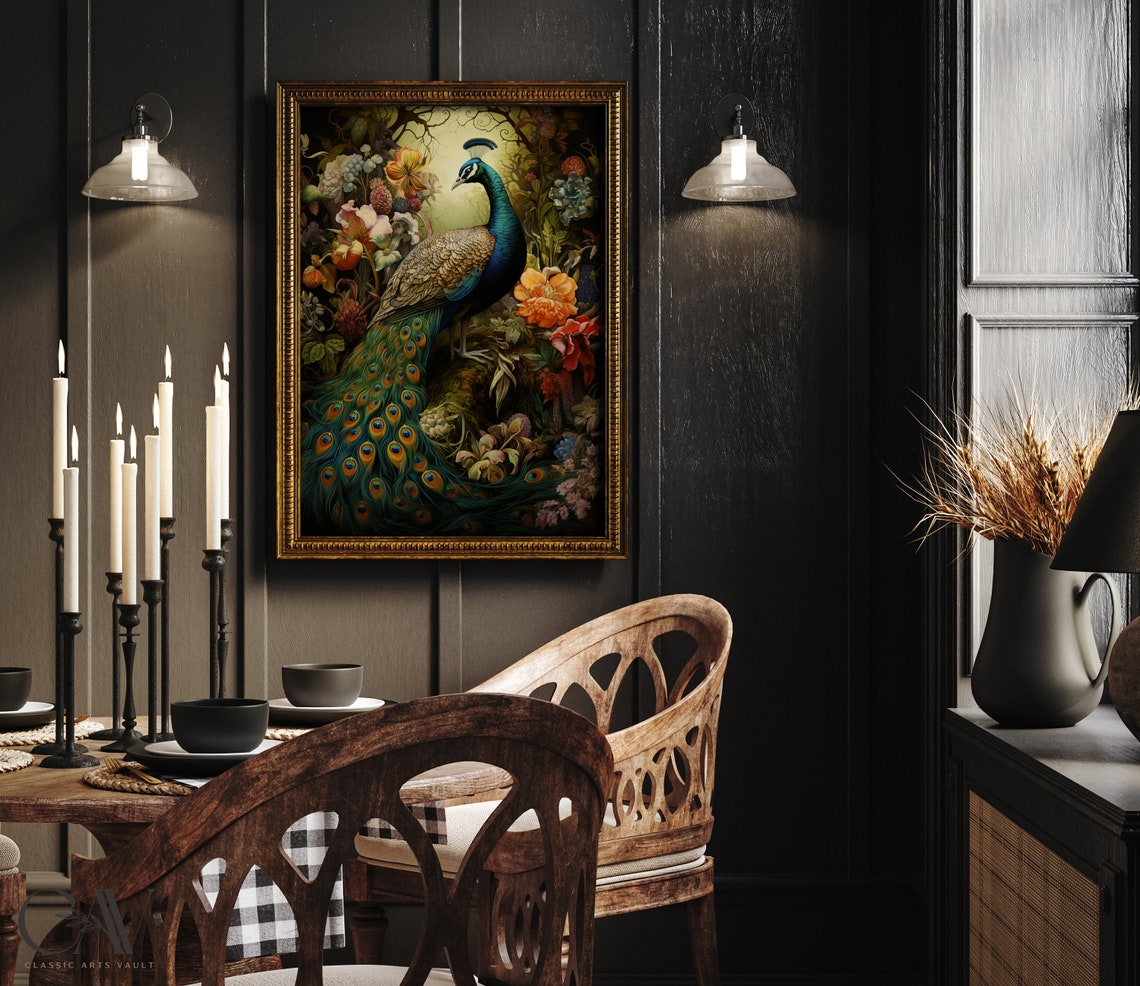 Peacock Autumn Floral Garden Vintage Moody Botanical Art Poster - Image 2