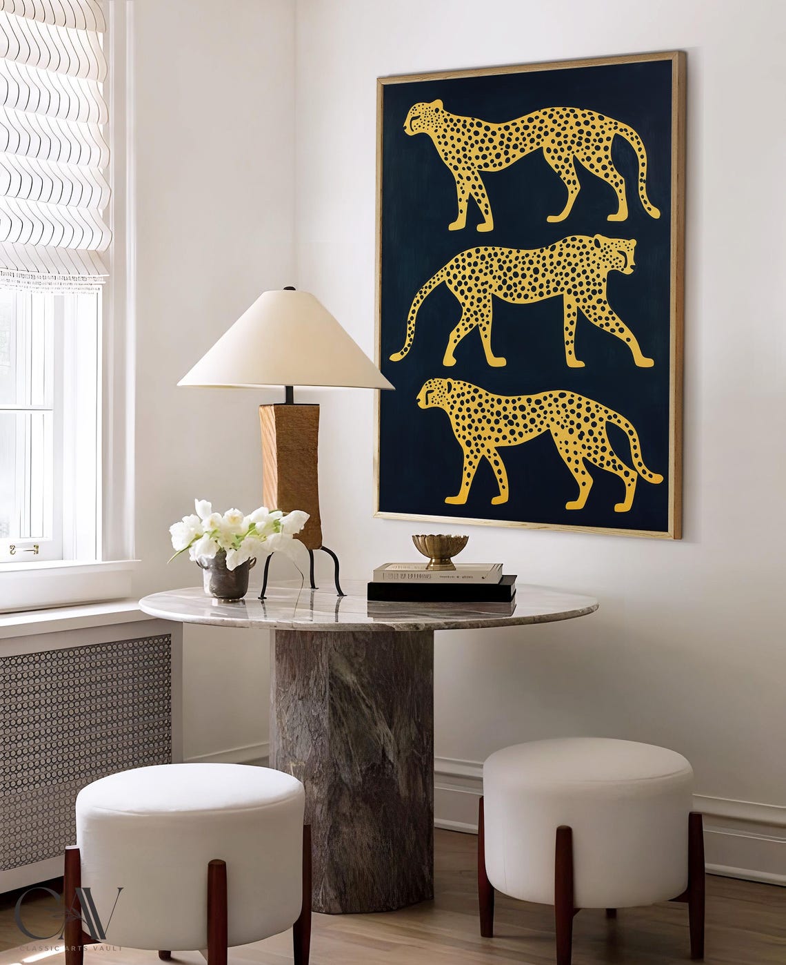 Three Gold Cheetahs Walking On Black Bold Safari Animal Poster