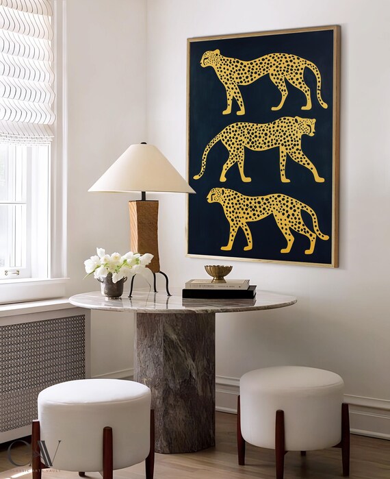 Three Gold Cheetahs Walking On Black Bold Safari Animal Poster