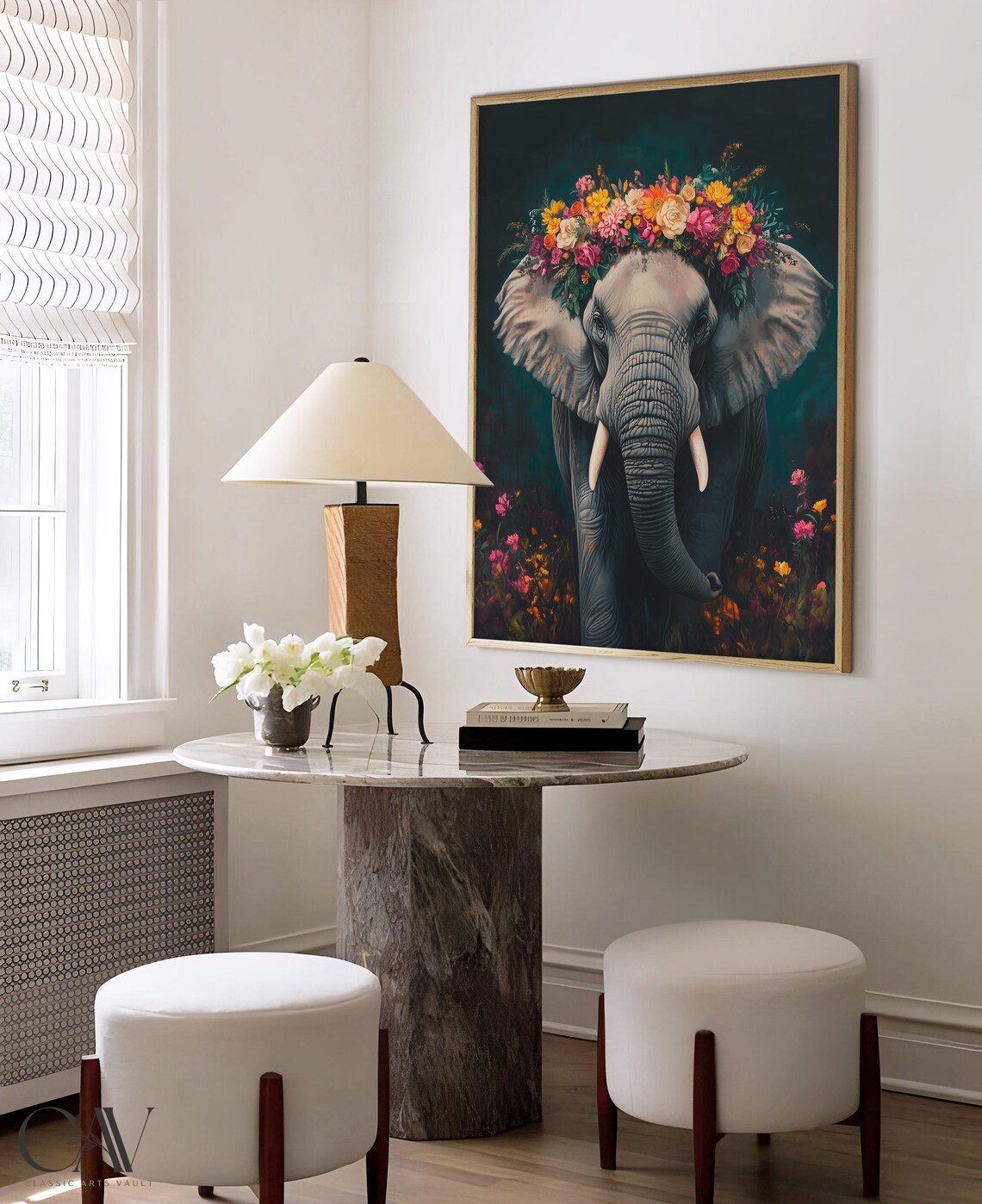 Majestic Elephant Wearing Flower Crown on Dark Teal Botanical Poster - Image 4