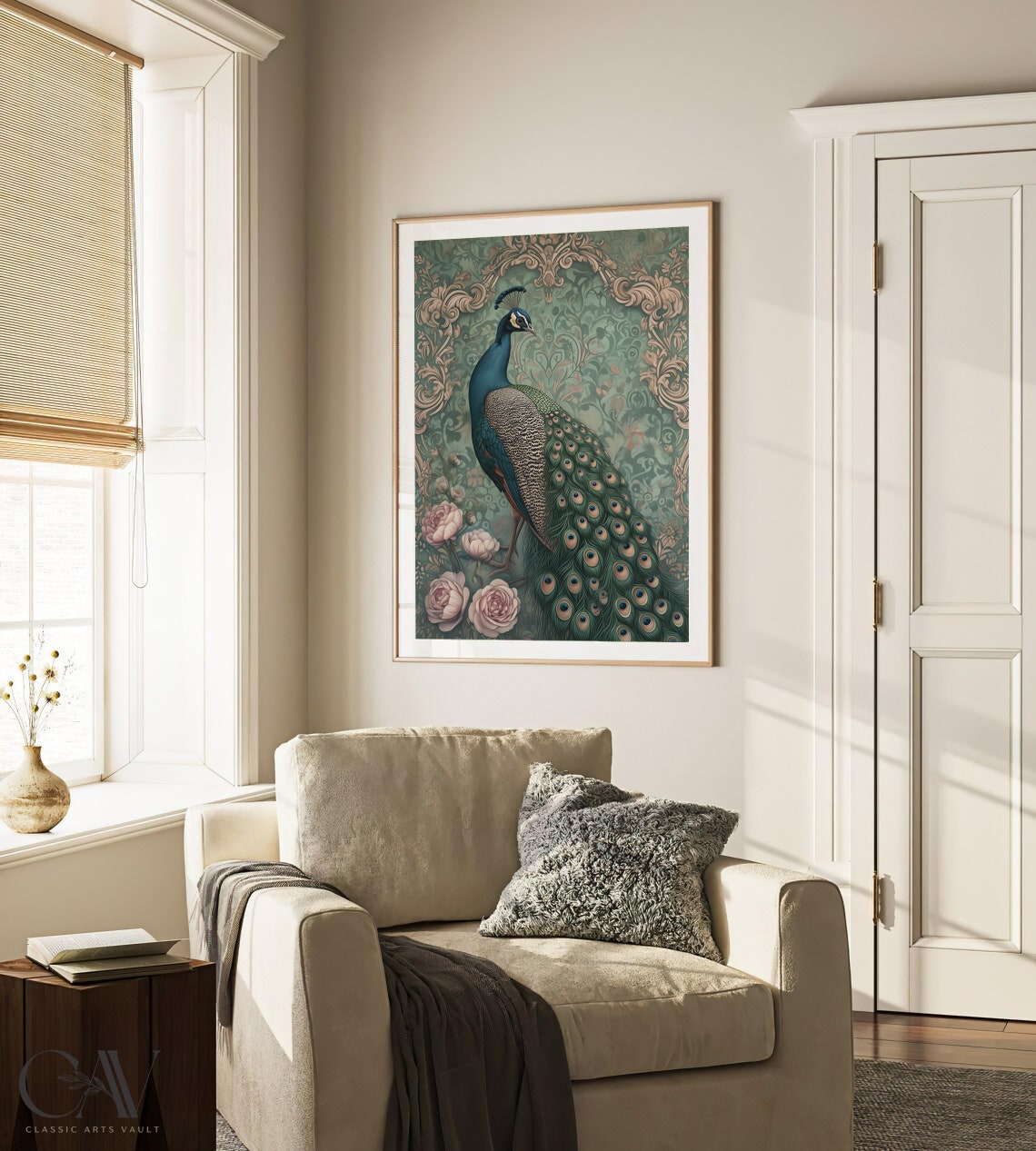 Peacock with Full Tail on Green Damask and Pink Roses Poster - Image 3
