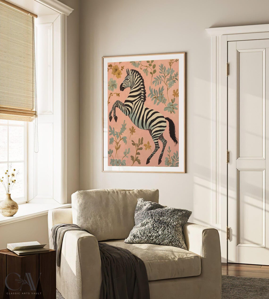 Leaping Zebra Blush Pink Botanical Chinoiserie Wallpaper Poster - Image 4