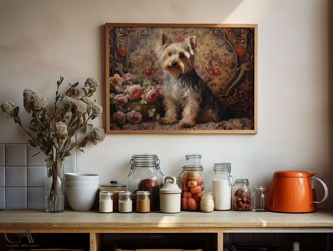 Yorkshire Terrier Puppy with Roses Vintage Floral Tapestry Poster - Image 4