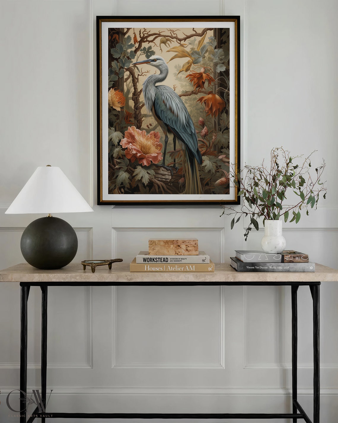 Grey Heron With Giant Pink Peony Botanical Illustration Poster - Image 4
