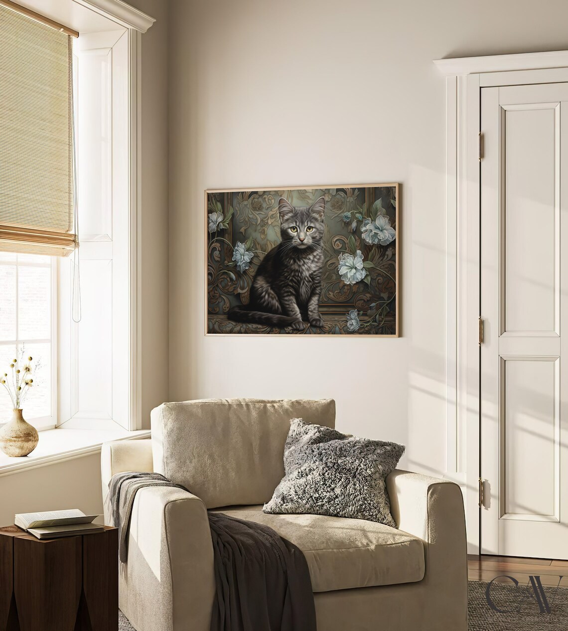 Gray Cat William Morris Style Floral Portrait Woodland Wall Art - Image 2