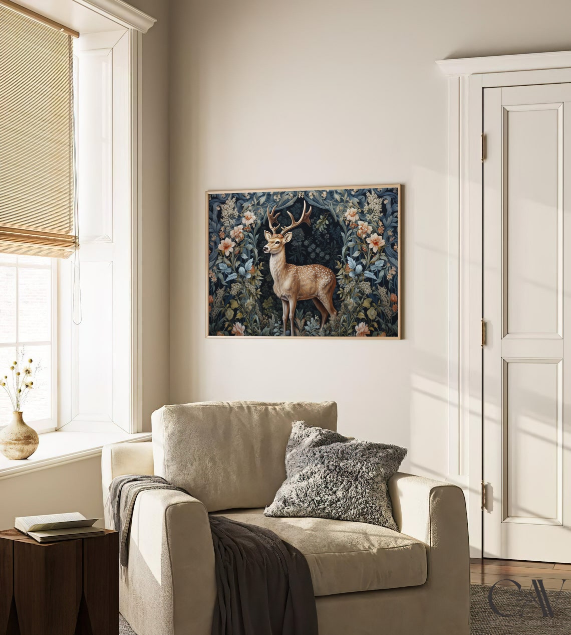 Stag with Antlers in Dark Navy Morris Floral Tapestry Art Print - Image 2