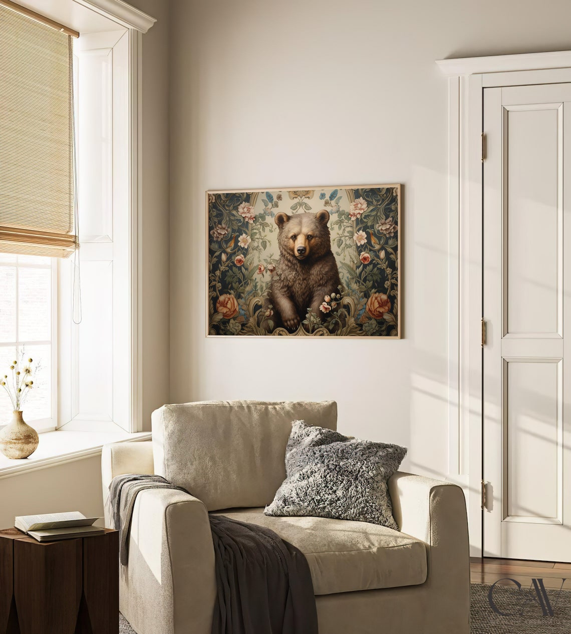 Brown Bear in William Morris Style Floral Frame Landscape Poster - Image 3