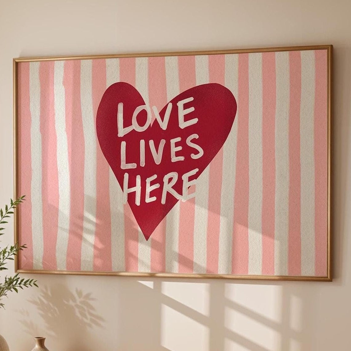 Love Lives Here Red Heart Poster Pink Striped Valentine Home Decor
