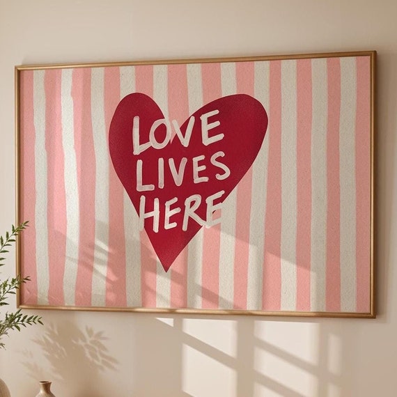 Love Lives Here Red Dusty Pink Vintage Style Painted Wall Art Valentine Cute Bedroom Decor Trendy Modern Girly Dorm Poster Print