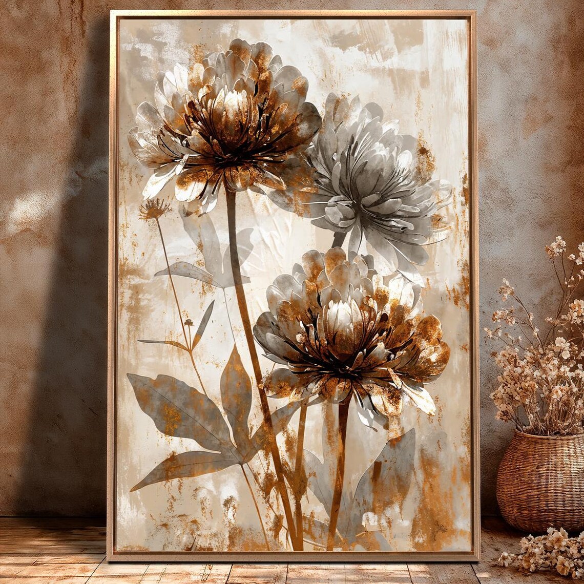 Golden Rustic Floral Beige Brown Botanical Painting Art Poster