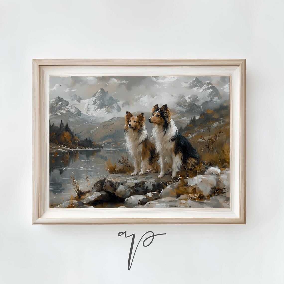 Two Collies Mountain Lake Vintage Oil Painting Dog Portrait Poster