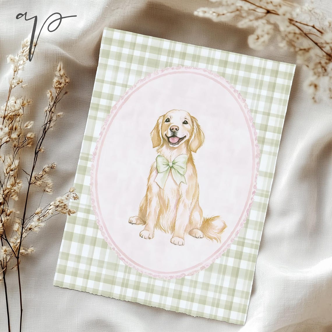 Golden Retriever With Green Bow Green Gingham Nursery Dog Poster - Image 5