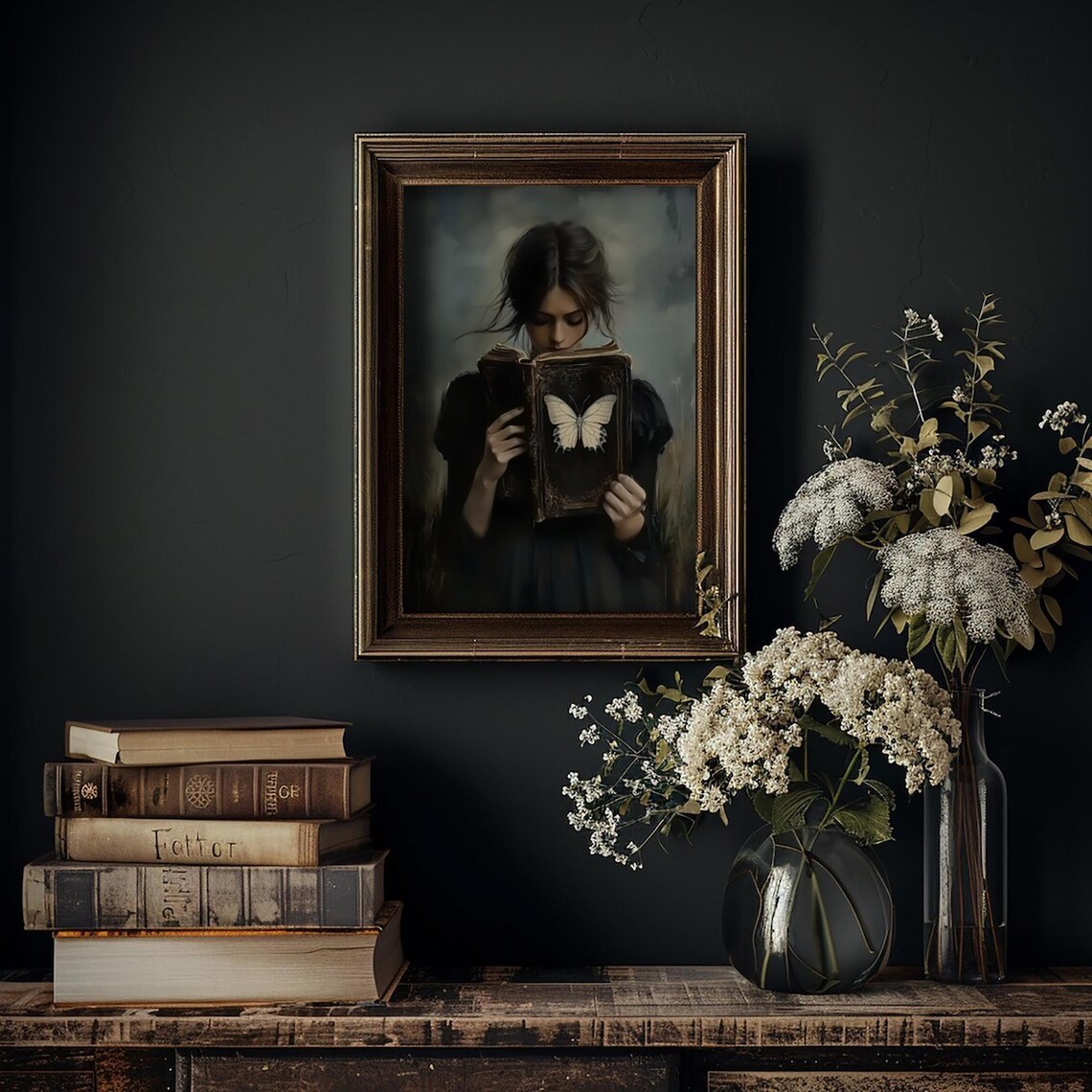 Dark Academia Woman Reading an Ornate Butterfly Book in Gold Frame Poster - Image 3