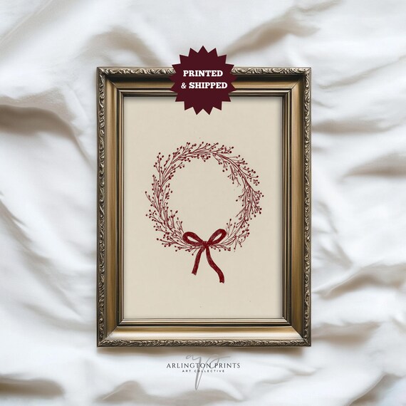 Minimal Red Berry Wreath Farmhouse Christmas Holiday Art Poster