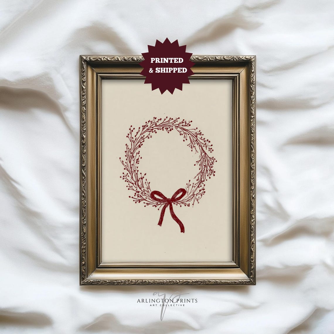 Minimal Red Berry Wreath Farmhouse Christmas Holiday Art Poster