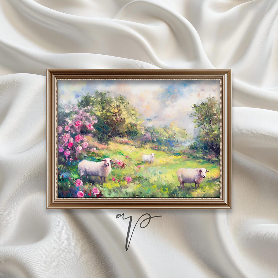 Sheep Grazing in Flower Meadow Impressionist Oil Pastoral Art Poster