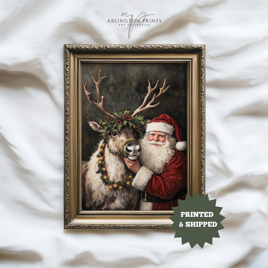 Santa and Reindeer Vintage Rustic Christmas Art Print
