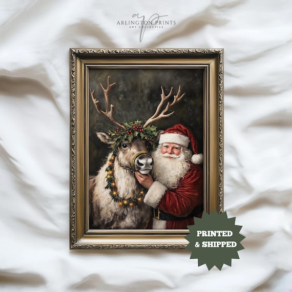Santa and Reindeer Vintage Rustic Christmas Art Print