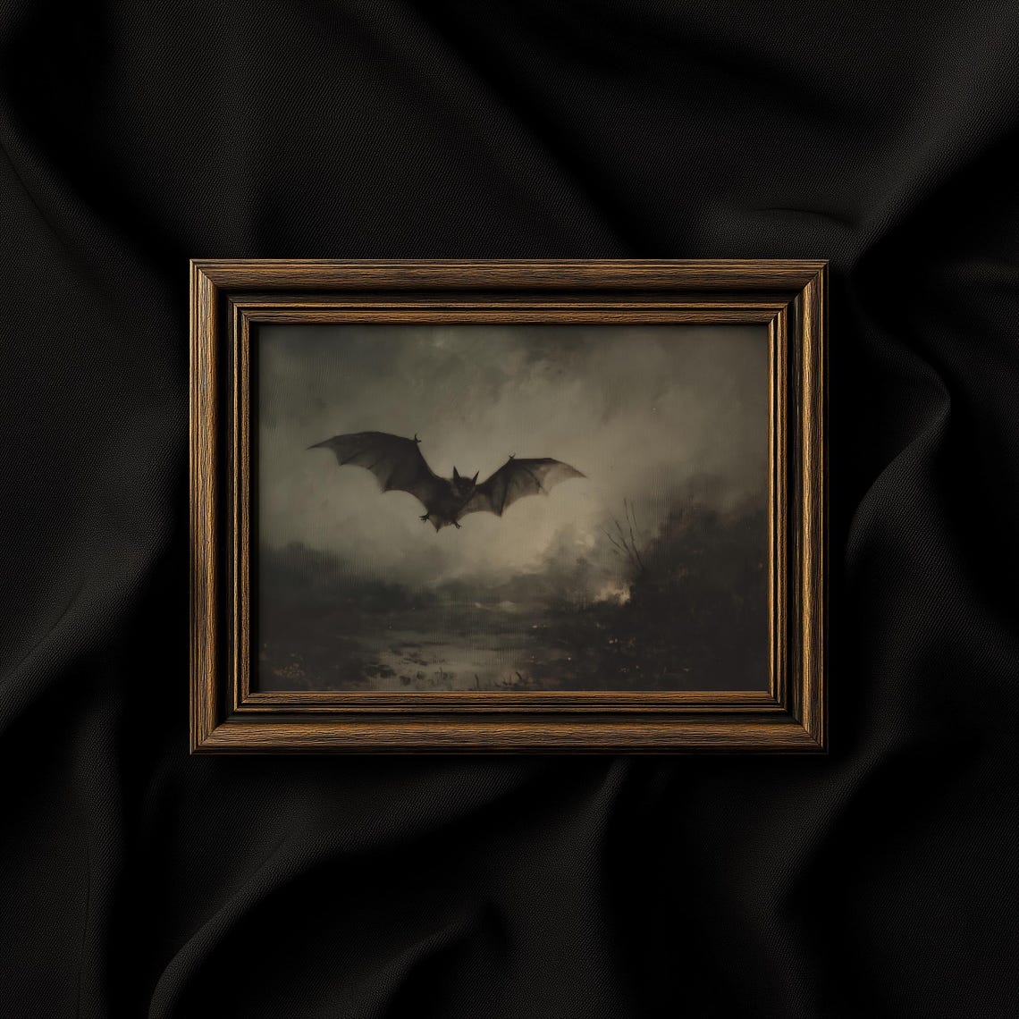 Bat Soaring Over Moonlit Misty Marsh Moody Vintage Art Print