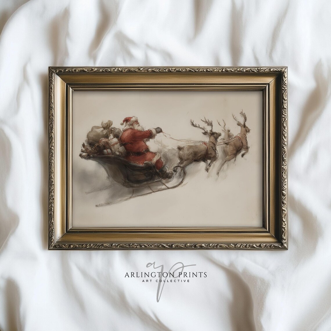 Santa In Reindeer Sleigh Vintage Christmas Sketch Art Poster