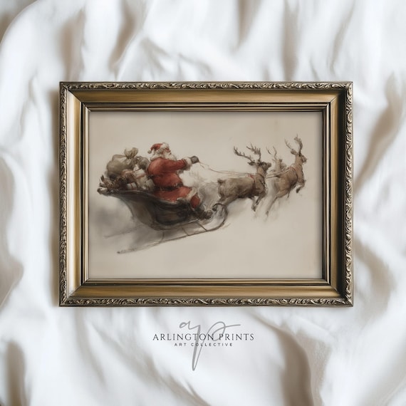 Santa In Reindeer Sleigh Vintage Christmas Sketch Art Poster