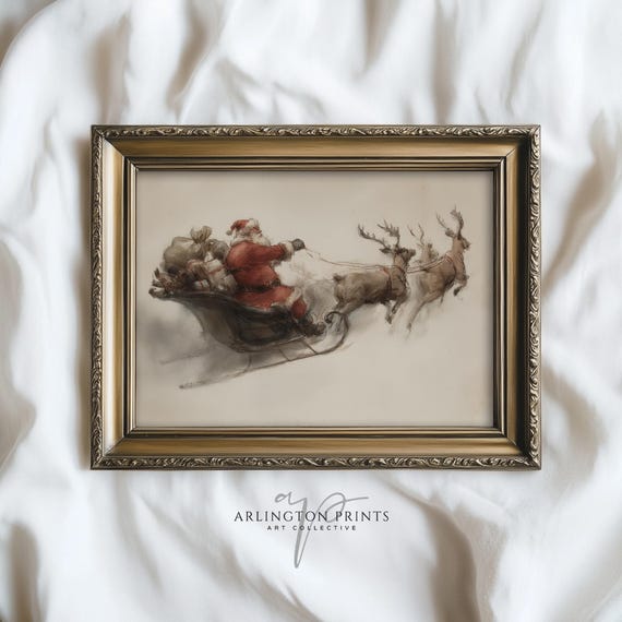 Vintage Santa And Reindeer Art Print Rustic Christmas Sleigh Illustration Antique Holiday Wall Decor Classic 1532