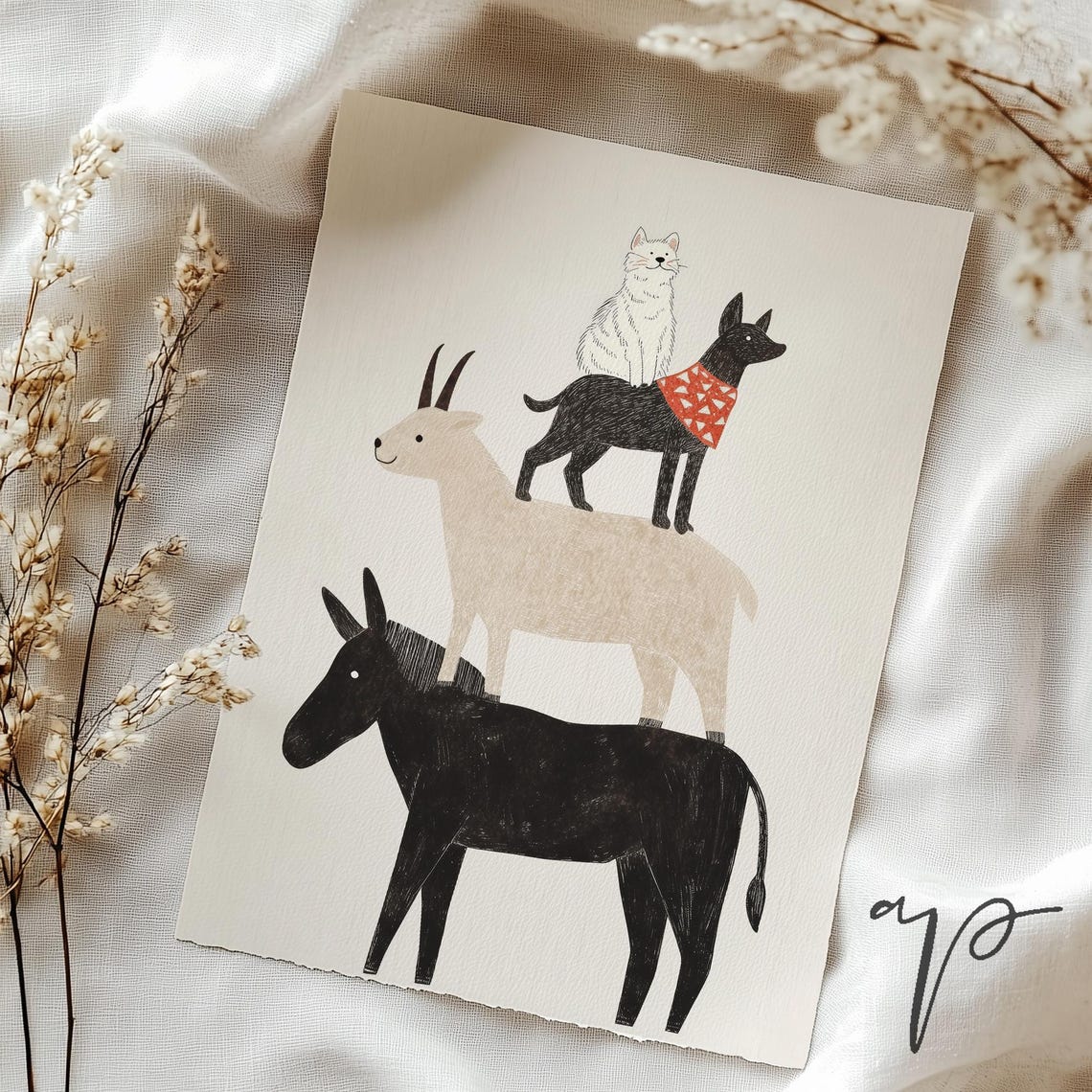 Stacked Farm Animals Donkey Goat Dog Cat Whimsical Nursery Art Poster - Image 3