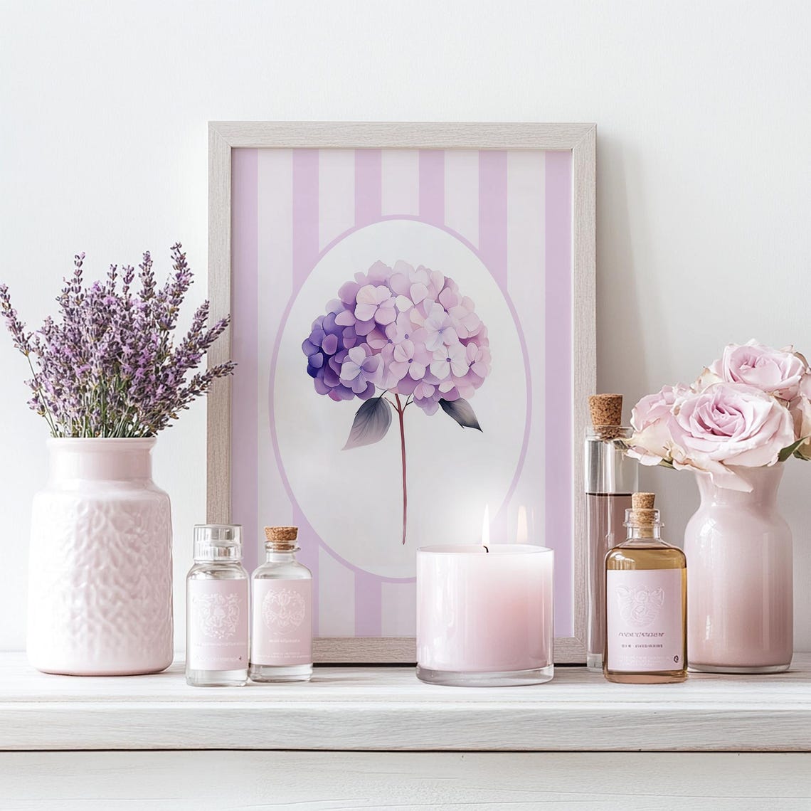 Lavender Hydrangea Bloom on Purple Stripes Botanical Decor Poster - Image 4