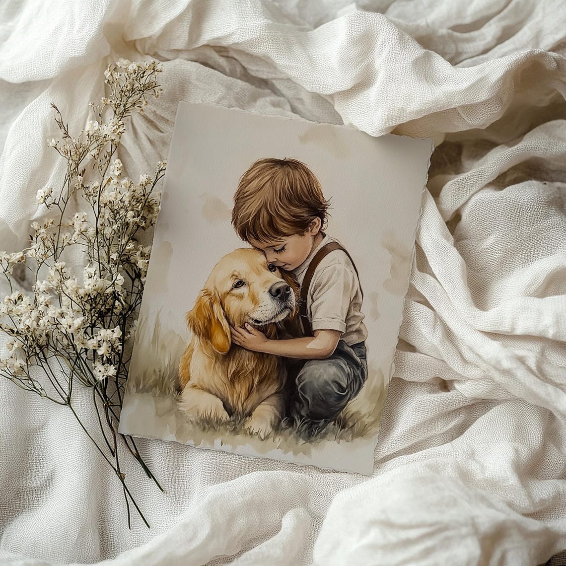 Vintage Nursery Art Print Boy And A Dog Painting Golden Retriever Art Farmhouse Decor Dog Drawing Country Art T70 - Image 3