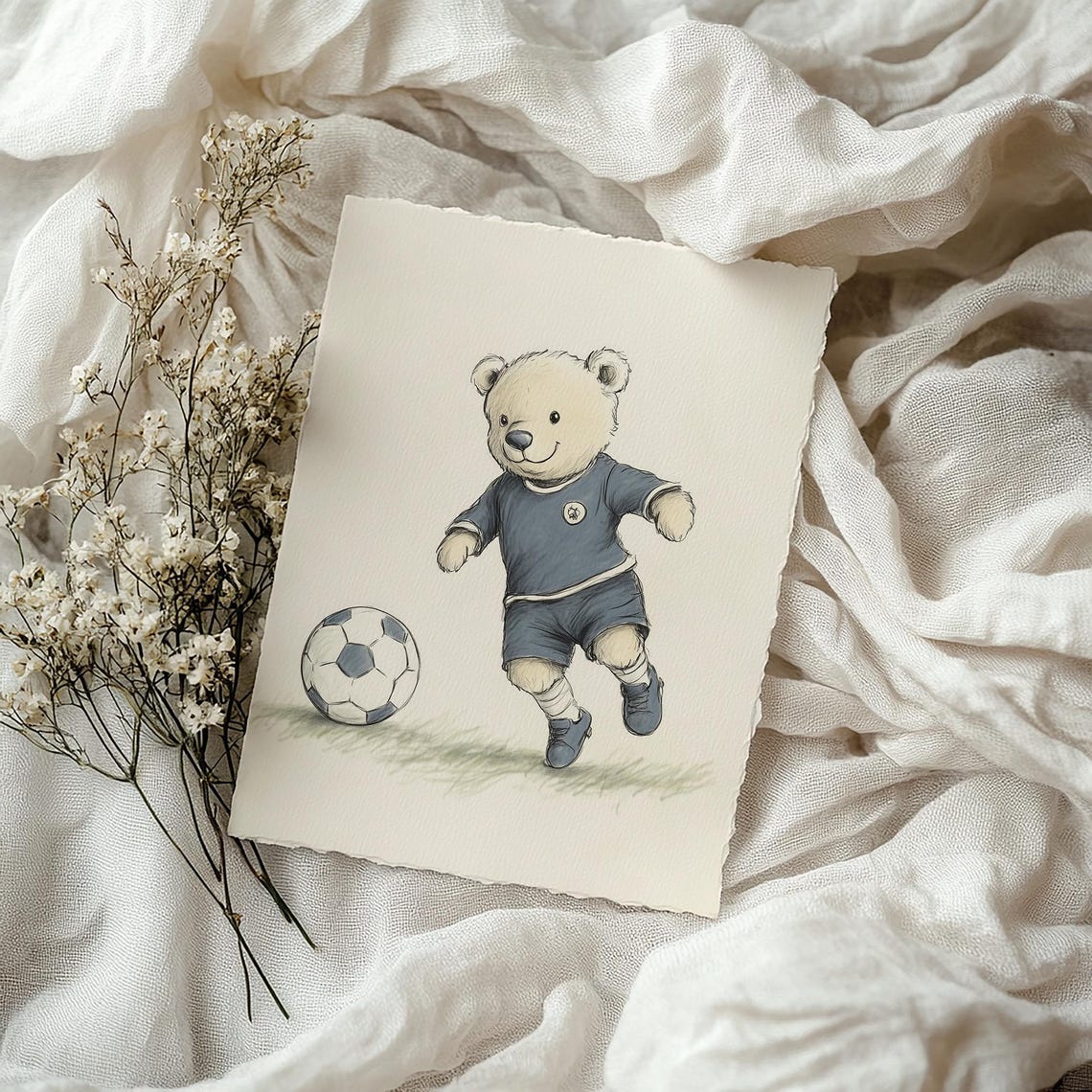 Teddy Bear Soccer Player Kicking Ball Watercolor Nursery Poster - Image 3