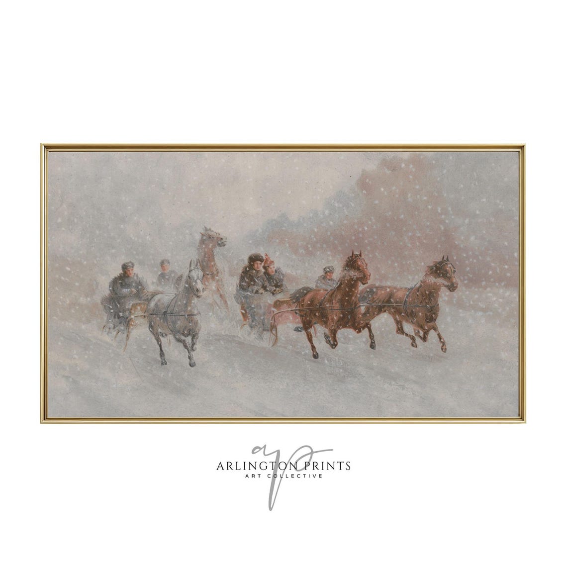 Horse Drawn Sleighs Racing Snowstorm Vintage Winter Painting Poster