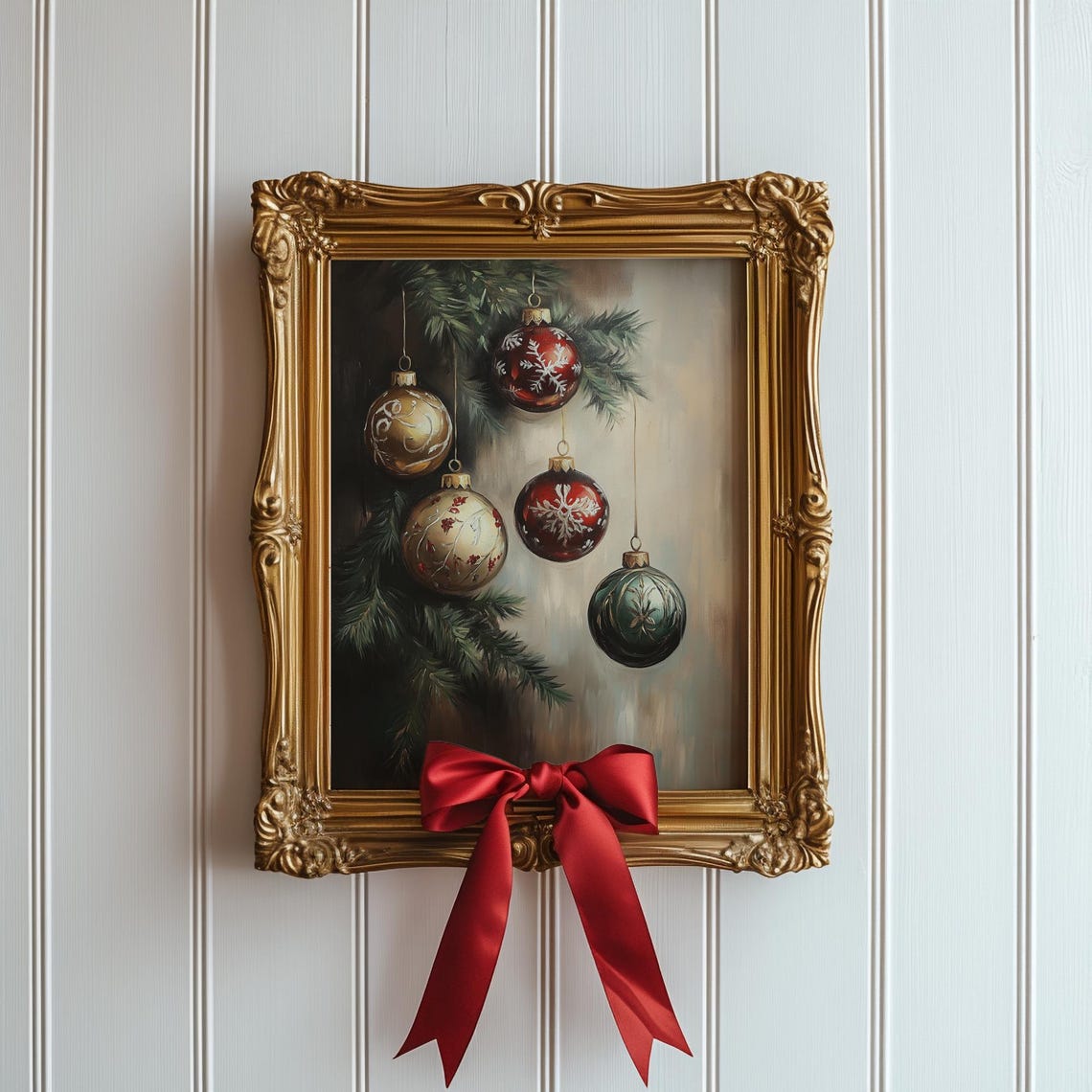 Vintage Christmas Baubles Hanging Pine Branch Holiday Wall Print - Image 3