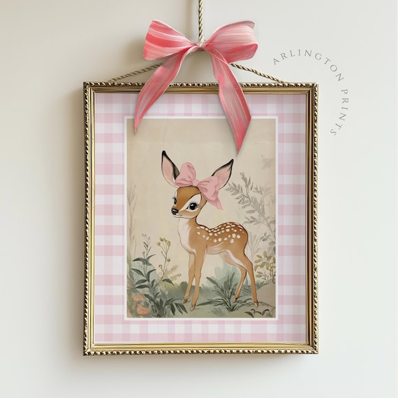 Baby Deer Fawn Pink Bow Vintage Nursery Woodland Girl Room Poster