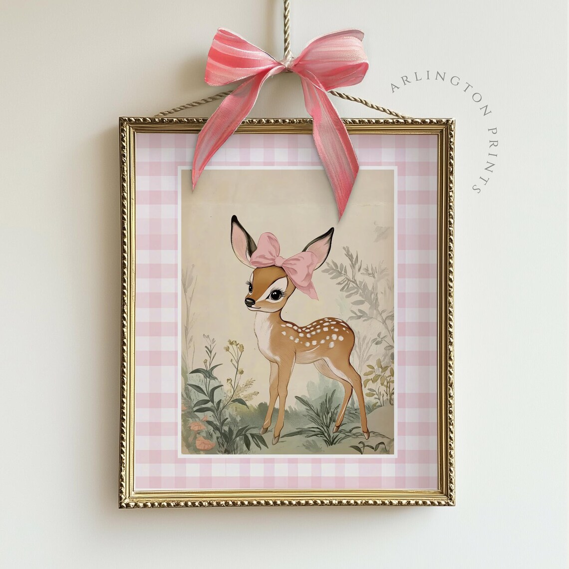 Baby Deer Fawn Pink Bow Vintage Nursery Woodland Girl Room Poster
