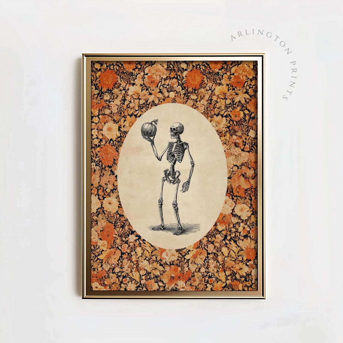 Skeleton With Pumpkin Vintage Halloween Floral Oval Cameo Art Print