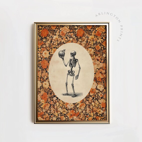 Skeleton With Pumpkin Wall Art Vintage Halloween Floral Print Gothic Autumn Decor Spooky Artwork Retro October Dc98