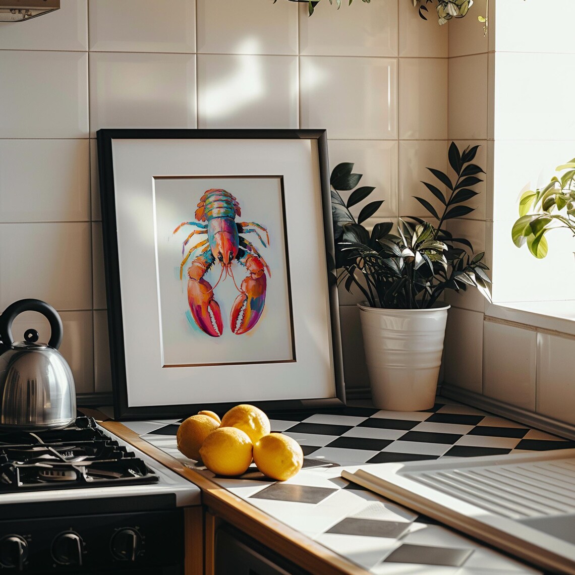 Trendy Colorful Lobster Print Beachy Kitchen Decor Seafood Wall Art Bright Colors Lobster Print Shellfish Art - Image 4