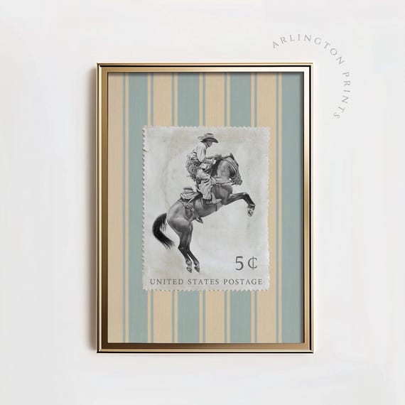 Western Stamp Art, Vintage Cowboy Riding Horse