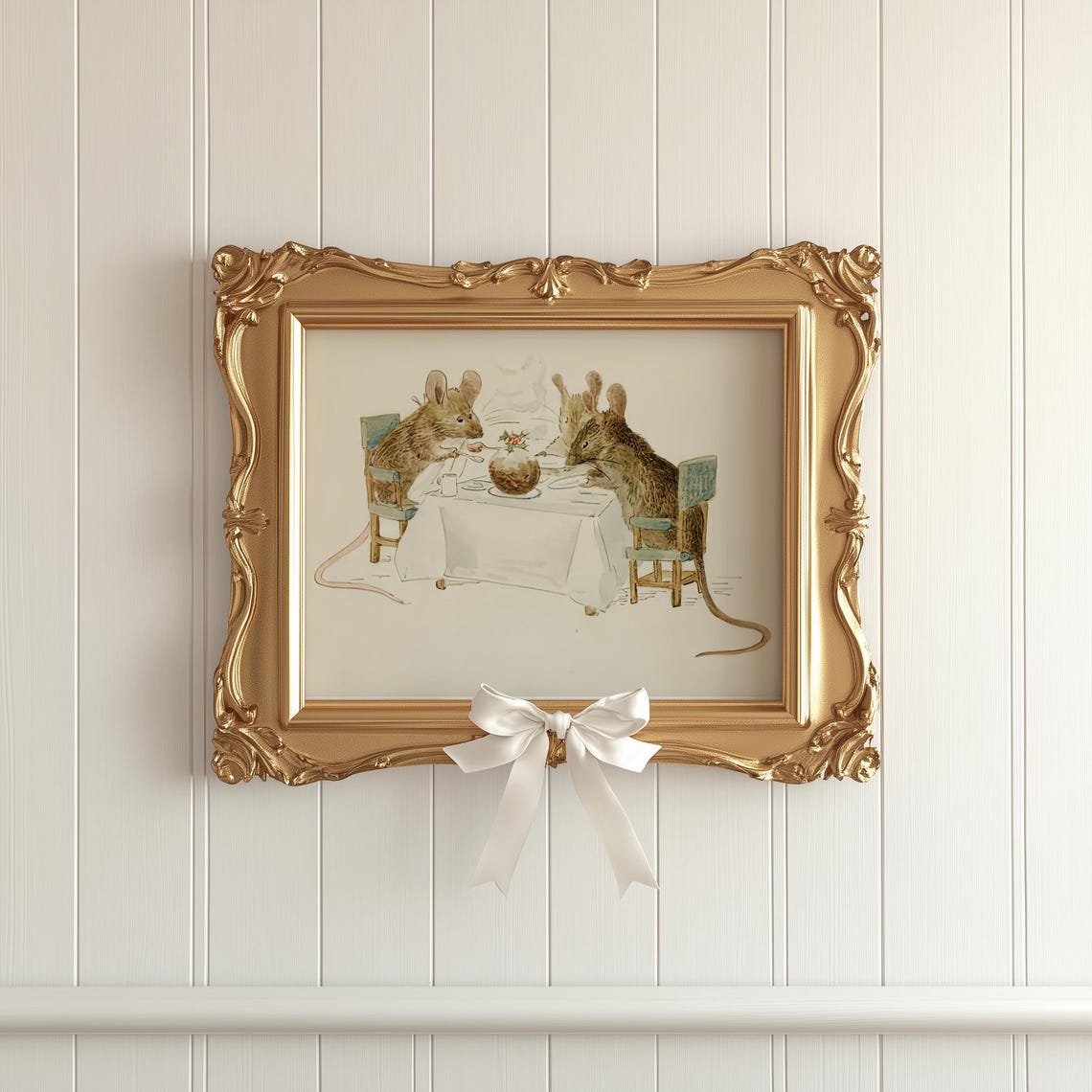 Three Hungry Mice at Dinner Table Antique Animal Watercolor Poster - Image 5