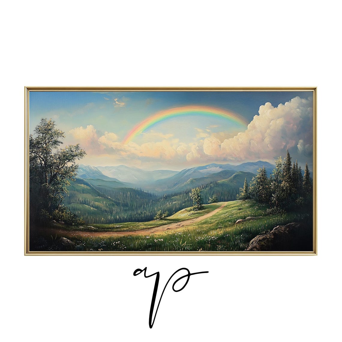 Mountain Valley Landscape with Rainbow Frame TV Screensaver Art Poster - Image 2
