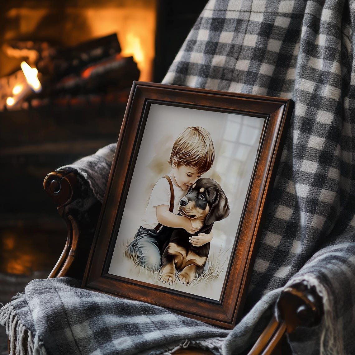 Little Boy Hugging Rottweiler Puppy Tender Nursery Painting Poster - Image 2