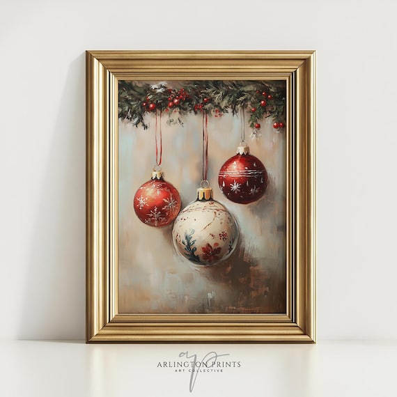 Vintage Christmas Ornaments Red White Holiday Mantel Wall Poster