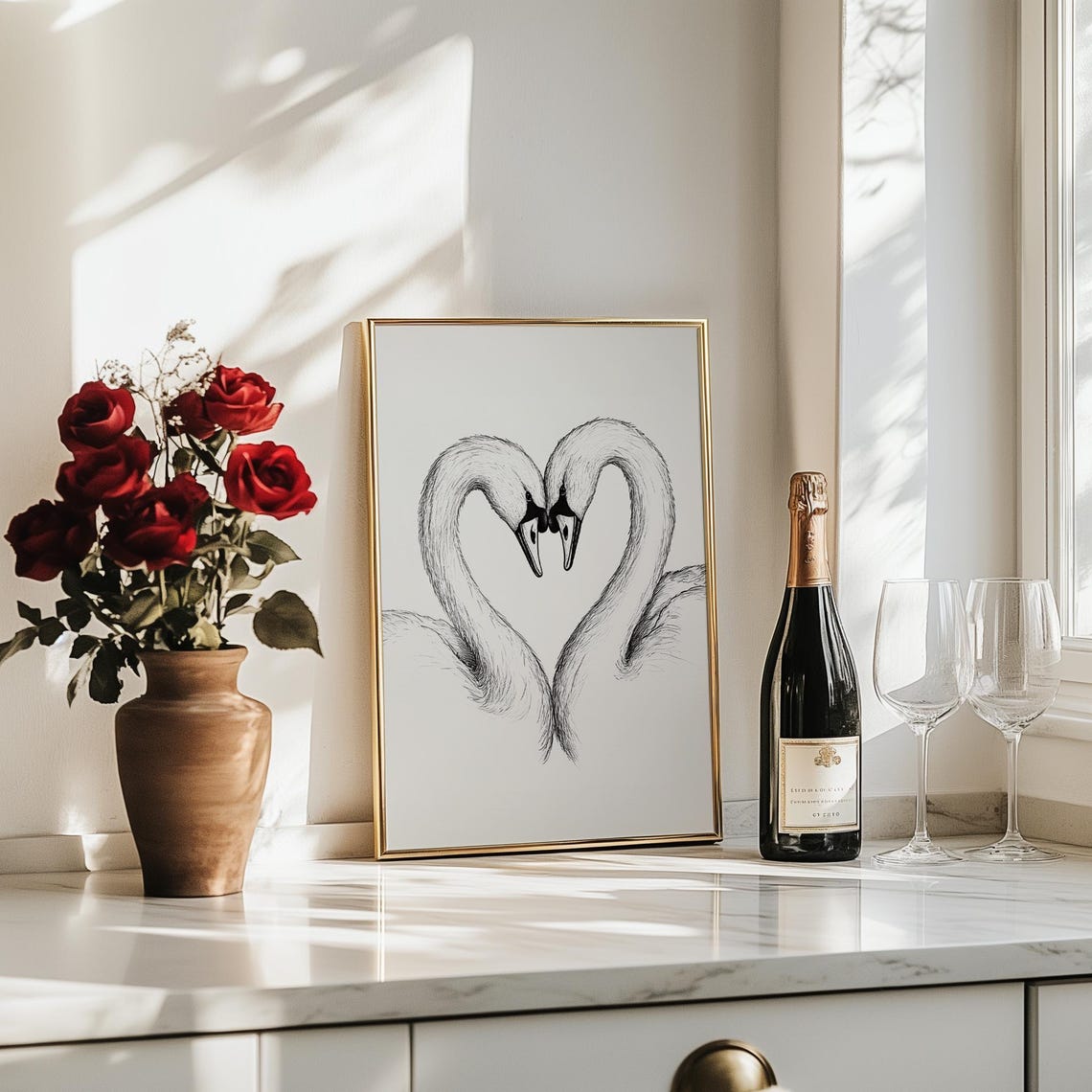 Two Swans Necks Forming Heart Black and White Sketch Love Art Poster - Image 3