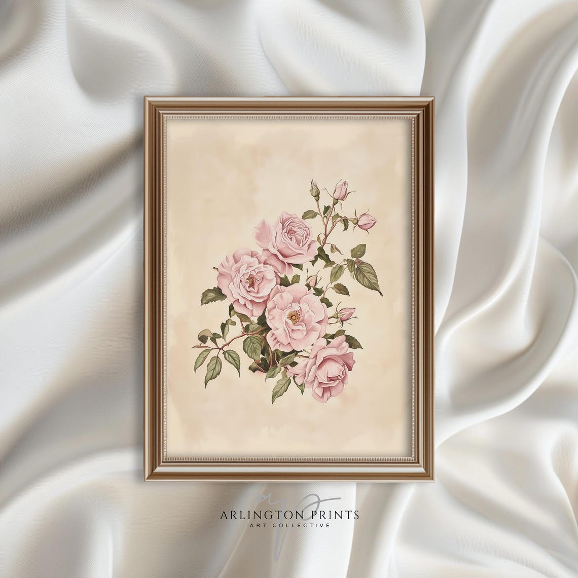 Antique Pink Rose Branch Botanical Study Cream Vintage Floral Print - Image 4