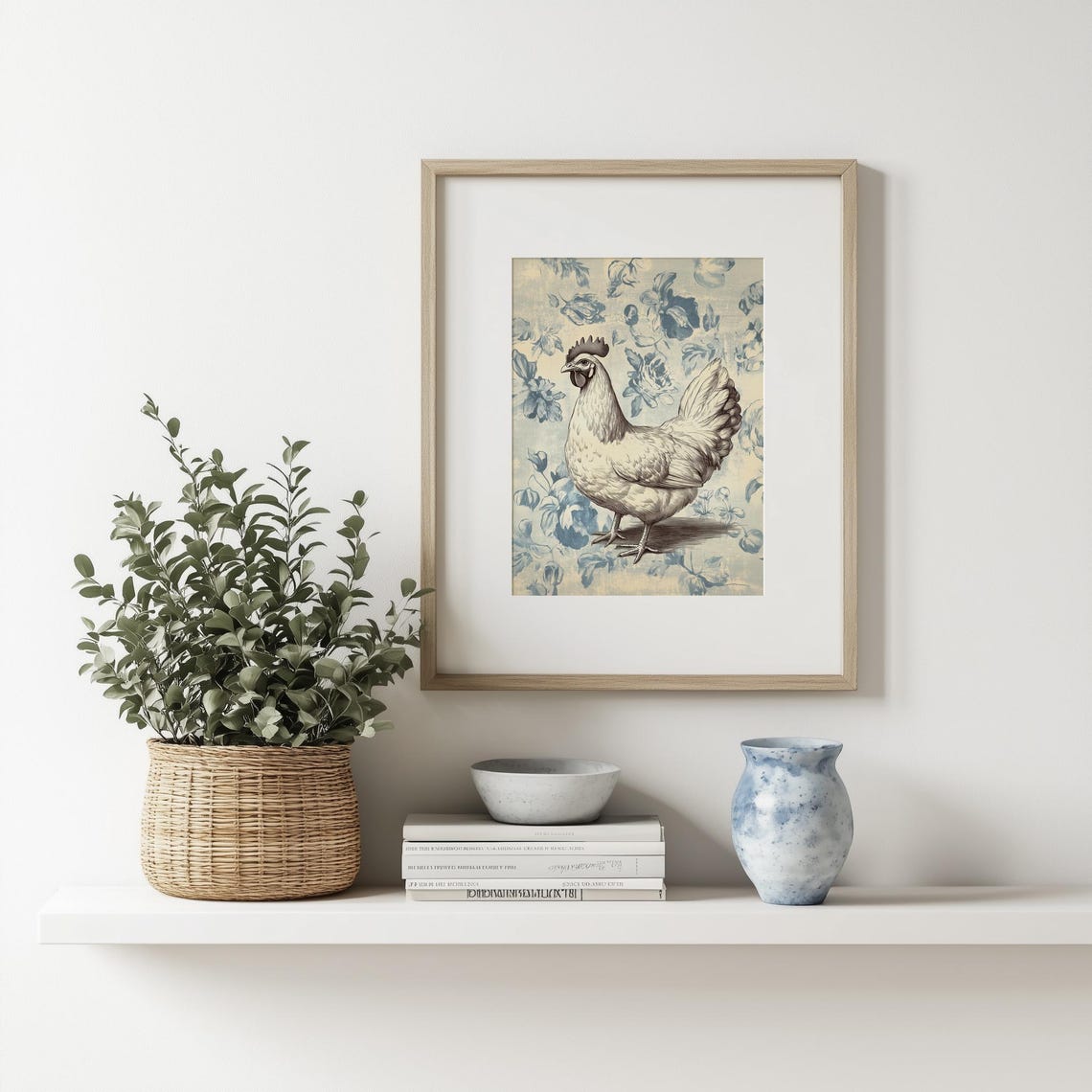 White Hen Blue Floral Toile Vintage French Country Animal Print - Image 3